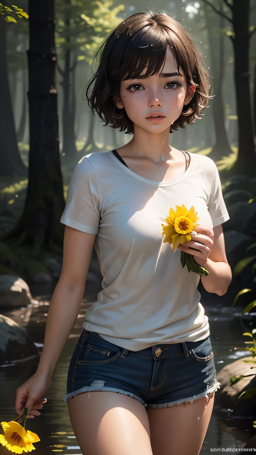 top quality, masterpiece, ultra high resolution, (photoreal: 1.1), 17 years old, Holding a daffodil with both hands, crying sound, RAW photos, one girl, medium short hair, Short sleeve t-shirt, black tshirt, shorts, crying sound, from helping, cinematic lighting, a little sweat, sparkly skin ,beautiful and delicate face, In the woods, Lake Background, beautiful delicate eyes , (realistic, photo realistic:1), Awards, super beautiful, (victorian)