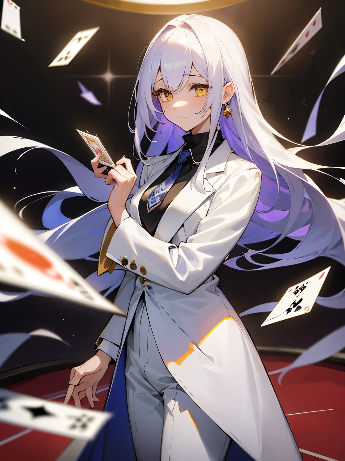 girl、1 person、light purple on the left、white on the rightの髪、The parting at the top of the hair is jagged、straight long hair、casino、playing cardsを使う、Rugged face、white skin、two color hair、subtle smile、be bothered、thin eyebrows、white hair、1 person、The background is a white castle、casino、The parting of the tsumugi is jagged.、Light purple on the left、white on the right、hime cut、White tie and large white tuxedo coat、golden tip、Black suit pants、1 person、girl、adult、white hair、large golden earrings with inverted triangles、casinoをしている、1 person、girl、机の上にcasino、Rugged face、playing cards、yellow eyes、Thin black turtleneck for underwear