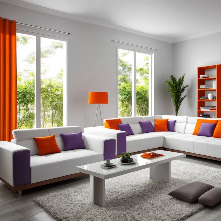 (((  color white red orange gray lilac, interagindo com 
Sala de estar moderna))), with luxurious lighting around the room, plants in the urban jungle style decorate the room, luxurious and modern furniture, mesa de centro com artesanato, forro de gesso, paredes brancas, grande janelas de vidro, cortinas semi abertas, Tv, Quadros modernos, vases with dry branches are decorating the corners of the room. Elegante
 e luxuoso tapete,