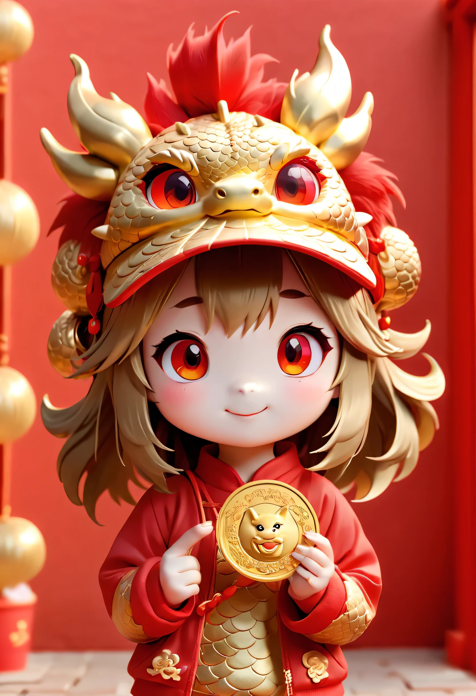 Super cute girl wearing a Chinese dragon hat, holding a gold coin in her hand, happy, bright eyes, red walls, Pop Mart blind box, 3D rendered, furry