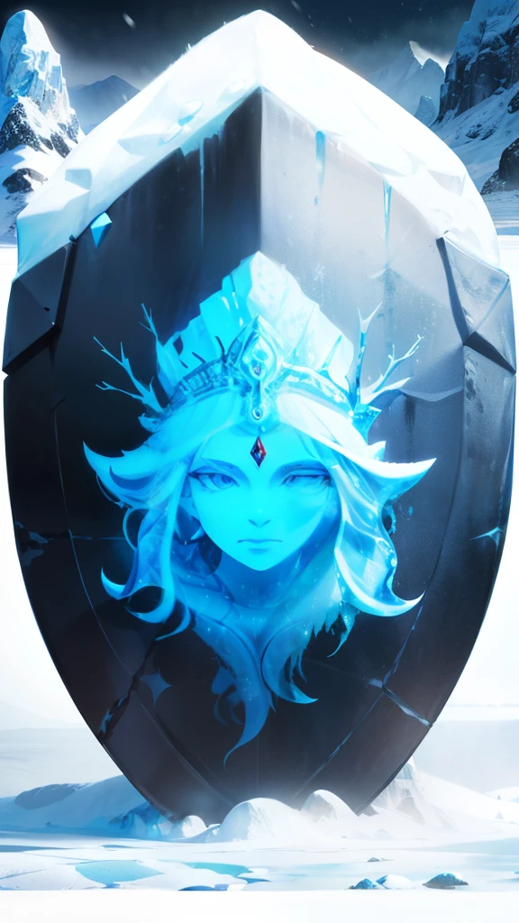 very realistic, A shield with the face of the ice god Shiva as a motif., mysterious, (Covered in ice, Snowy landscape in the background:1.6)