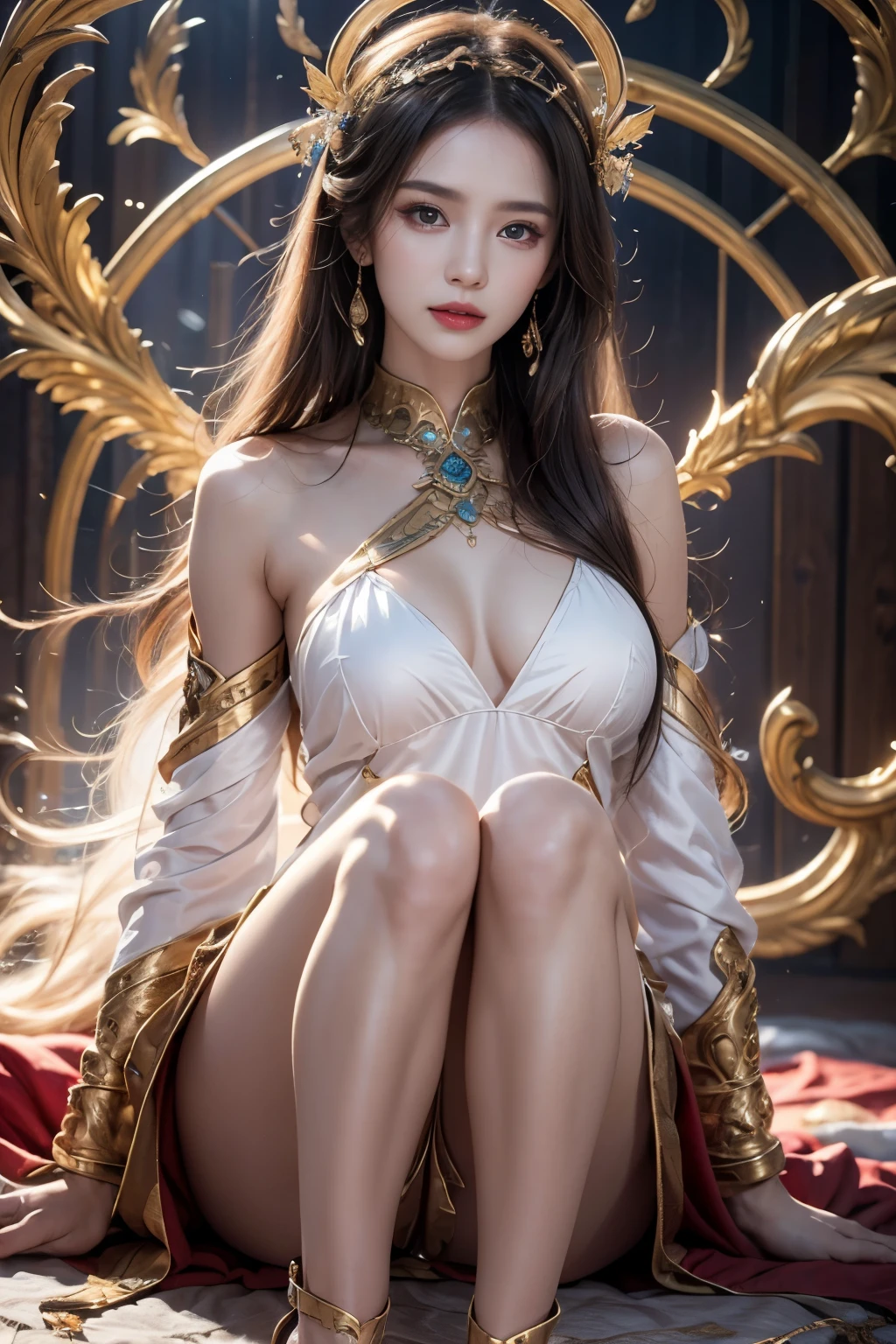 Beautiful Valkyrie,(best qualtiy,hyper HD, Masterpiece, 16k),Goose egg face,largeeyes,long eyelasher,There are precious stones on the forehead,Exquisite(live-action realistic style),Star-like eyes,Ultimate face,Photorealistic light and shadow,Clear facial features,Milky white skin,Fair skin, highdetailskin,Realistic skin details,Visible Pore,(Super detail),Petite body,Carmelto, full bodyesbian,She wears long loose black hair and reaches her waist,(hair flowing),Wear a transparent silk cardigan dress,(Super detail),Beautifully decorated,((dynamicposes),sat on the ground,Legs slightly open),Be red in the face,((Dynamic background((Red lightning)),Fantasy space,Luxurious space