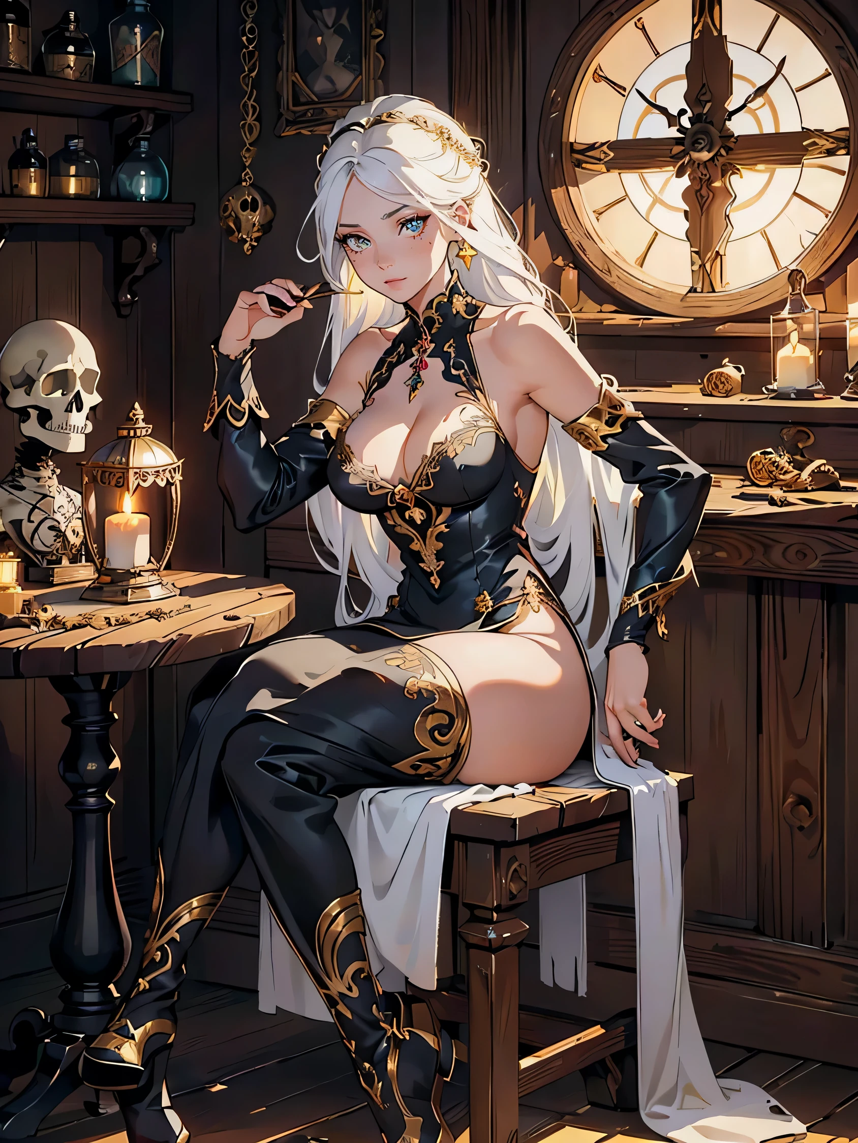 masterpiece, high quality, illustration, extremely detailed, 1_women, (full body), sitting, sitting in chair, hand on chin, (exotic skin_complexion:1.4),mature, statuesque, beautiful, exotic, curious express, nsfw, busty, chest window, ((cleavage)), and halter dress, black ((diaphanous sparkling dress)) with gold trim, black knee_high boots, white embroidery elbow gloves, long hair, white hair, realistic and detailed face having ((hazel_eyes)), ((dark_eyeliner)), long_eyelashes, dynamic lighting casts detailed shadows, rustic room, wooden table, crystal ball, rustic gypsy hut, candles, candle light, clocks on walls, skulls, potions, curtains, colored smoke in the air,