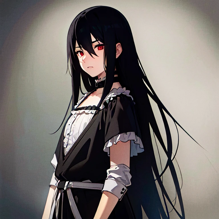 masterpiece, best quality, Super detailed, illustration，man with black hair and eyes，eyes empty，Long hair and waist，straight hair，petite，black eyes，Feminine，black eyes，Looks sad