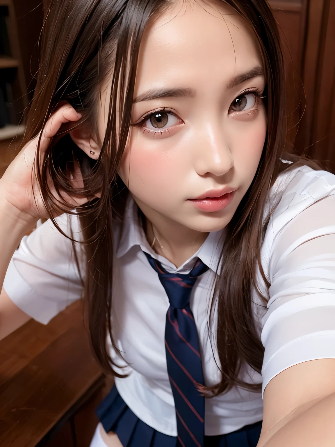 （highest quality，4K，masterpiece：1.2），Beautiful woman，1 girl，sexy：1.1，dark yellow hair：1.1，Woman in school uniform，Drenched uniform，super detailed face，detailed lips，fine eyes，double eyelid，miniskirt white stockings，stand up