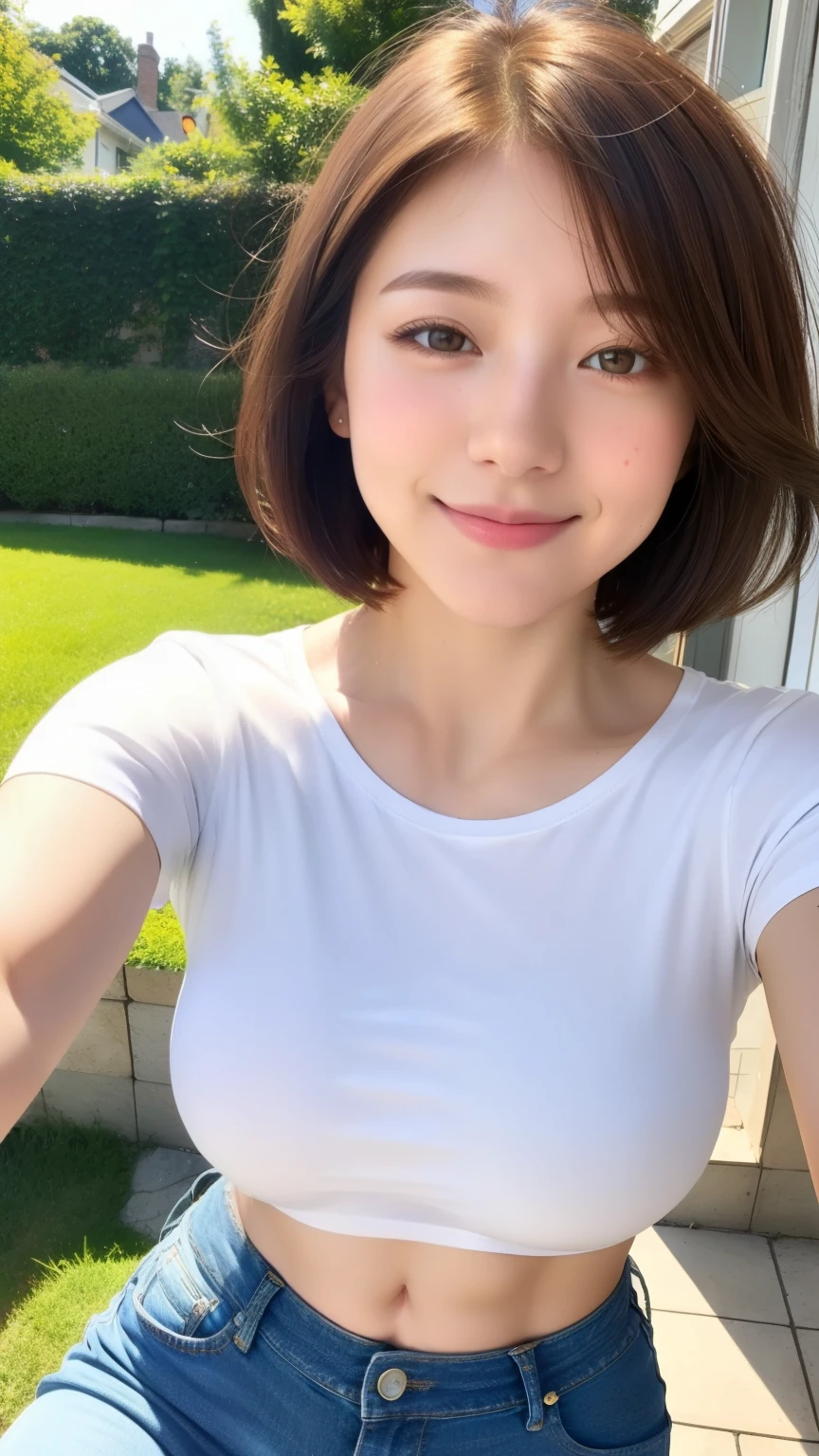 mu realistic, 1 girl, 20age、shining eyes, smile、Taking a selfie、short bob hair、brown hair、garden、American casual、big breasts、White tee shirt、jeans