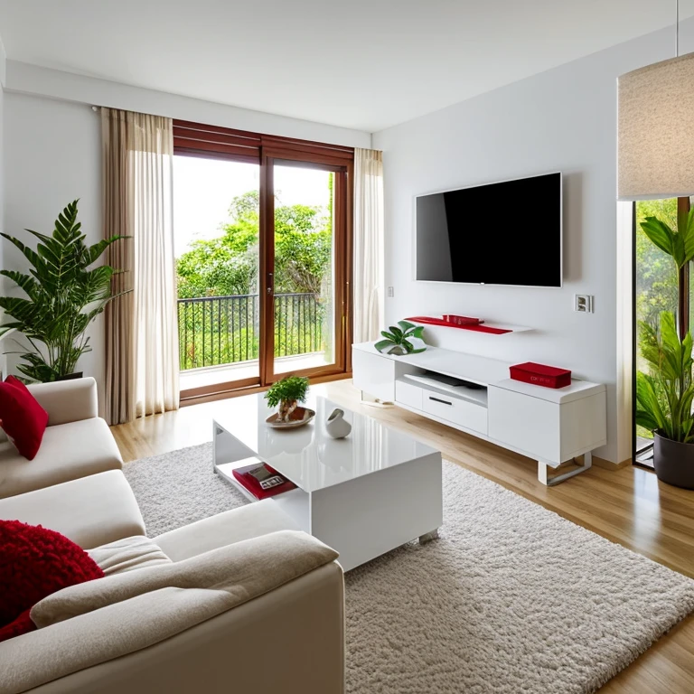 Very furry white color Akita dog with red bandana around the neck in a modern living room with luxurious lighting around the room, plantas em estilo de selva urbana decoram o quarto, luxurious and modern furniture, mesa de centro com artesanato, forro de gesso, paredes brancas, grande janelas de vidro, cortinas semi abertas, television, Quadros modernos, vasos com galhos secos decoram os cantos da sala. Elegante e luxuoso tapete