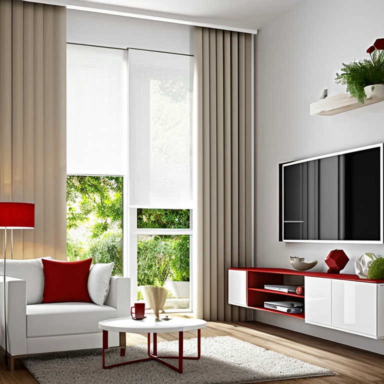 Very furry white color Akita dog with red bandana around the neck in a modern living room with luxurious lighting around the room, plantas em estilo de selva urbana decoram o quarto, luxurious and modern furniture, mesa de centro com artesanato, forro de gesso, paredes brancas, grande janelas de vidro, cortinas semi abertas, television, Quadros modernos, vasos com galhos secos decoram os cantos da sala. Elegante e luxuoso tapete