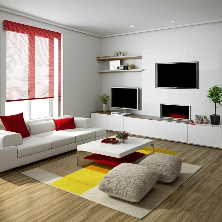 Very furry white color Akita dog with red bandana around the neck in a modern living room with luxurious lighting around the room, plantas em estilo de selva urbana decoram o quarto, luxurious and modern furniture, mesa de centro com artesanato, forro de gesso, paredes brancas, grande janelas de vidro, cortinas semi abertas, television, Quadros modernos, vasos com galhos secos decoram os cantos da sala. Elegante e luxuoso tapete