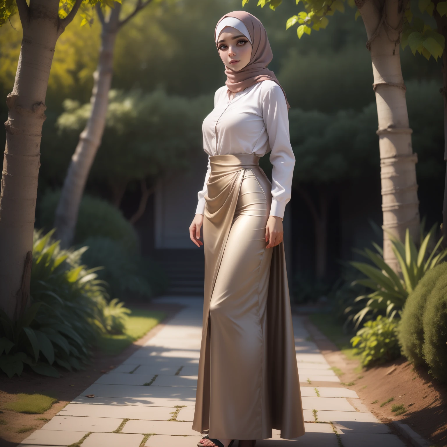 3DMM, ((Masterpiece)), best quality, photography, detailed skin, realistic, photo-realistic, 8k, highly detailed, full length frame, High detail RAW color art, diffused soft lighting, shallow depth of field, sharp focus, hyperrealism, cinematic lighting, hijab, a woman in a beautifully makeup, eyeshadow, beautiful big eyes, long eye lashes, wearing (Taupe satin hijab), loosely tide hijab style, ((Taupe satin shirt)), satin long maxi skirt, reading, standing under tree, garden