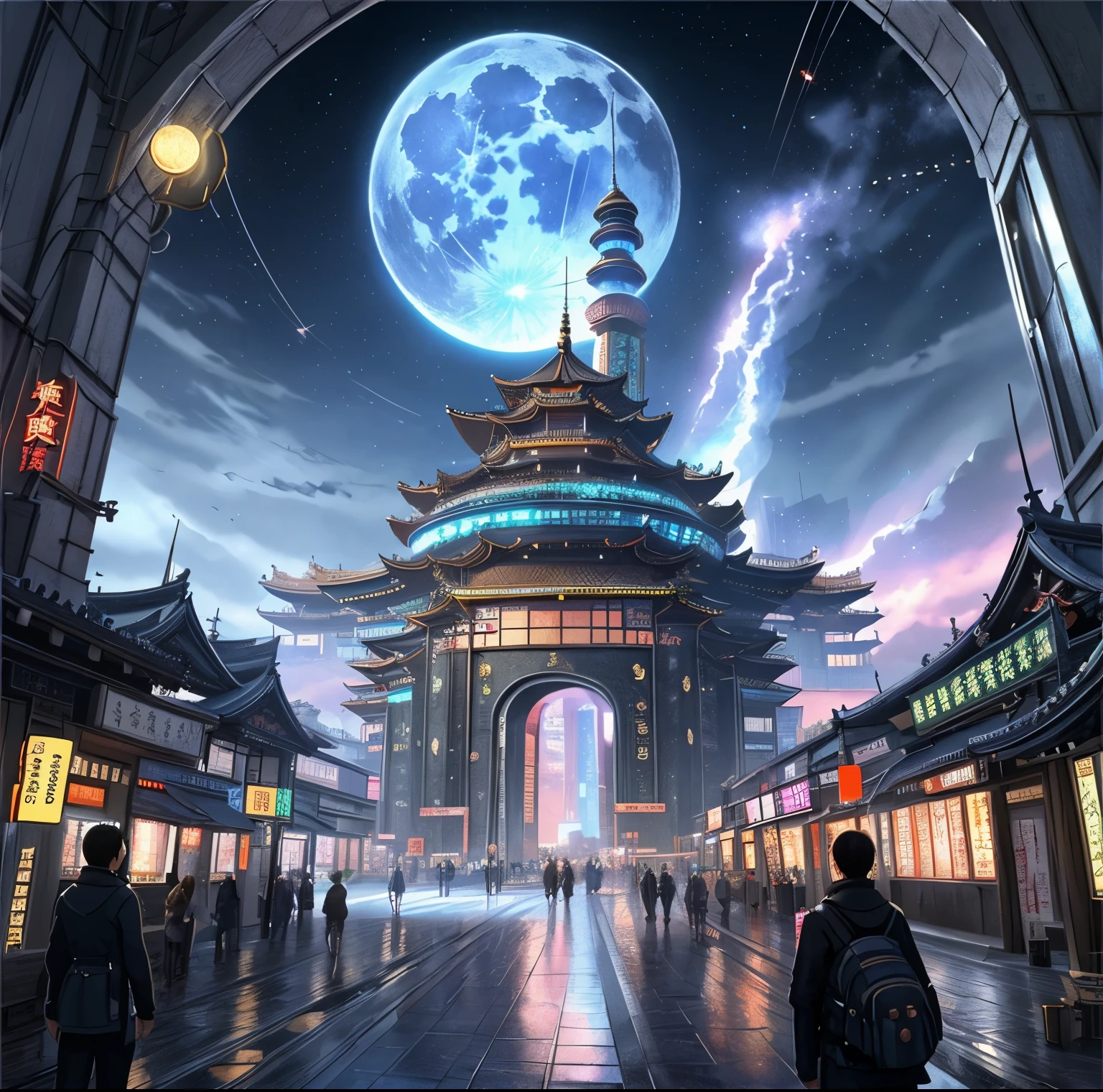 ((顶级品质, 8k, 杰作: 1.3)),futuristic city with a giant blue moon in the middle of it, metaverse concept art, concept art 8k resolution, concept art 8 k resolution, 8 k concept art, 8k concept art, 8 k high detail concept art, in fantasy sci - fi city, concept art stunning atmosphere, concept art 8 k, concept art 2022