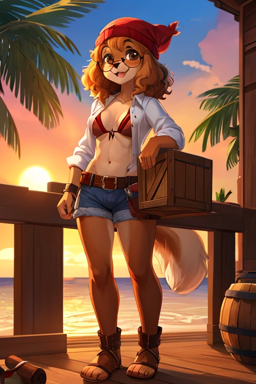 furry female, open_shirt small_breasts skinny canine dog glasses circle_glasses female floppy_ears spaniel exposed_breasts 1girl sailing on boat dog_ears brown_fur curly_hair anthro tropical island breast_play cabana rays_of_light nipple_play daisy_dukes ripped_clothes fluffy_tail beanie pose wooden crate in front of a stack of wood barrels cargo_hold pirate_ship holding rum bottle sunset smirk holding large wrench tool belt