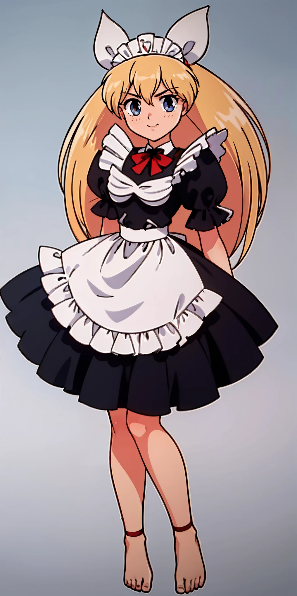 1girl, cute, ((Short black hair girl and long blonde hair girl)), maid victorian, maid apron, straight face, dazed, Body position: Standing, straight, symmetrical, barefoot, Lustful smile on face with red blush,
