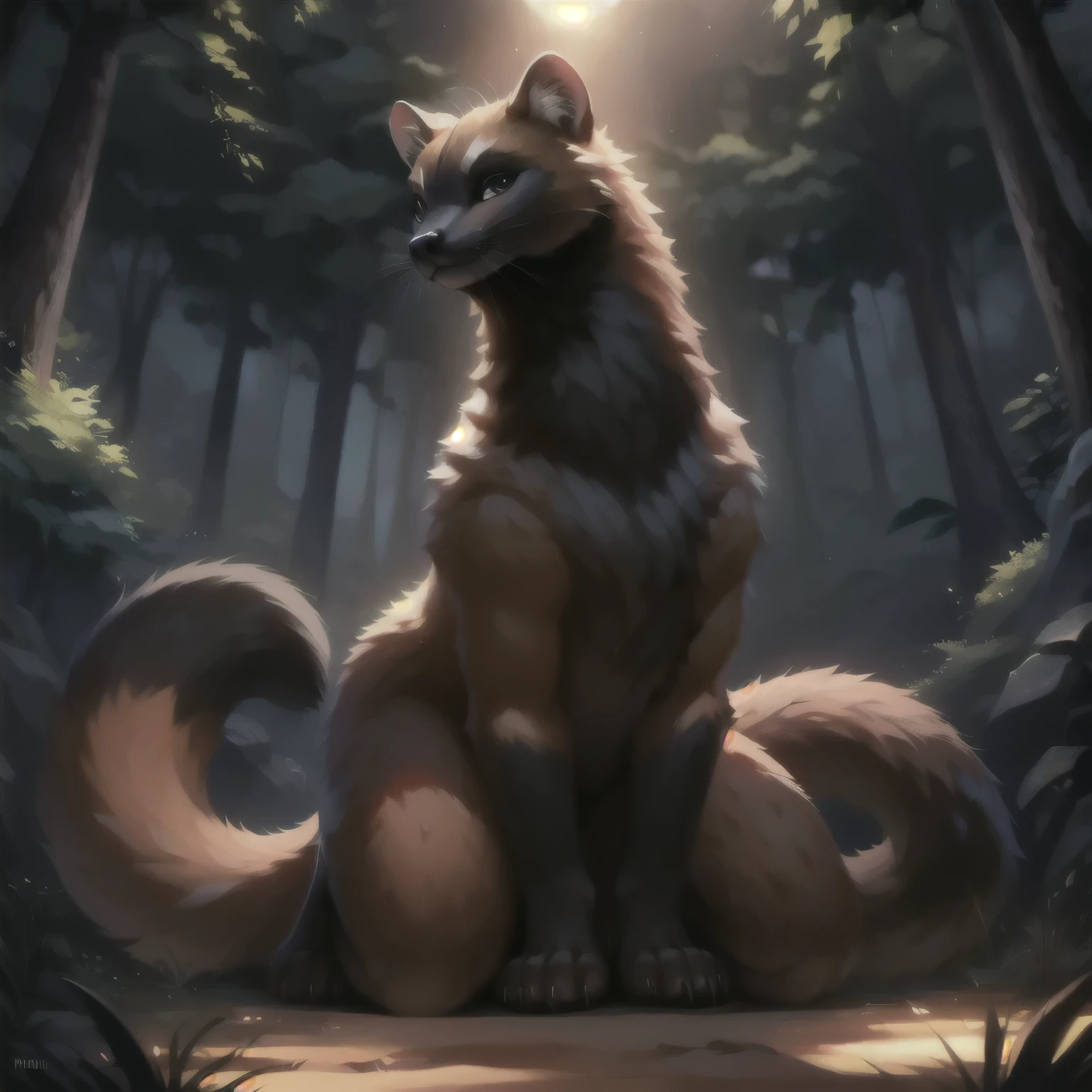 (best quality,4k,8k,highres,masterpiece:1.2),ultra-detailed, vivid colors, forest, bokeh effect, detailed background, animalistic, (feral, feral anatomy, marten anatomy, marten face, thick legs, no hair, flat chest, long body) marten, detailed marten paws, male marten, detailed fur, well-aged, mature male, daddy marten, muscular feral, seductive, thick neck, long body, full view, sexy male, provocative, teasing