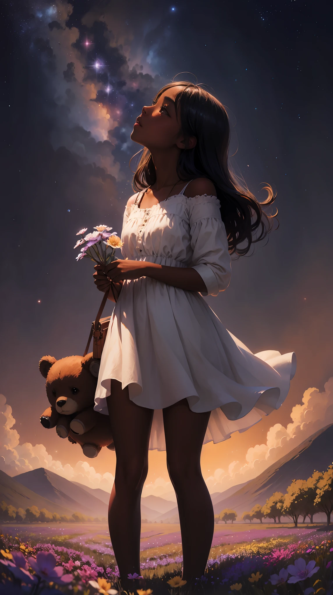 (masterpiece, best quality)There is a black girl ((dark skin)) detailed face, standing in a flower field looking up at the sky, a girl standing in a flower field, a girl walking in a flower field, hold a stuffed brown bear toy in one hand, lost in a dreamy wonderland, standing in a flower field, fantastic digital painting, the sky gradually clears, the starry sky gradually recedes by Laura Diehl Yaoyao Ma Van As