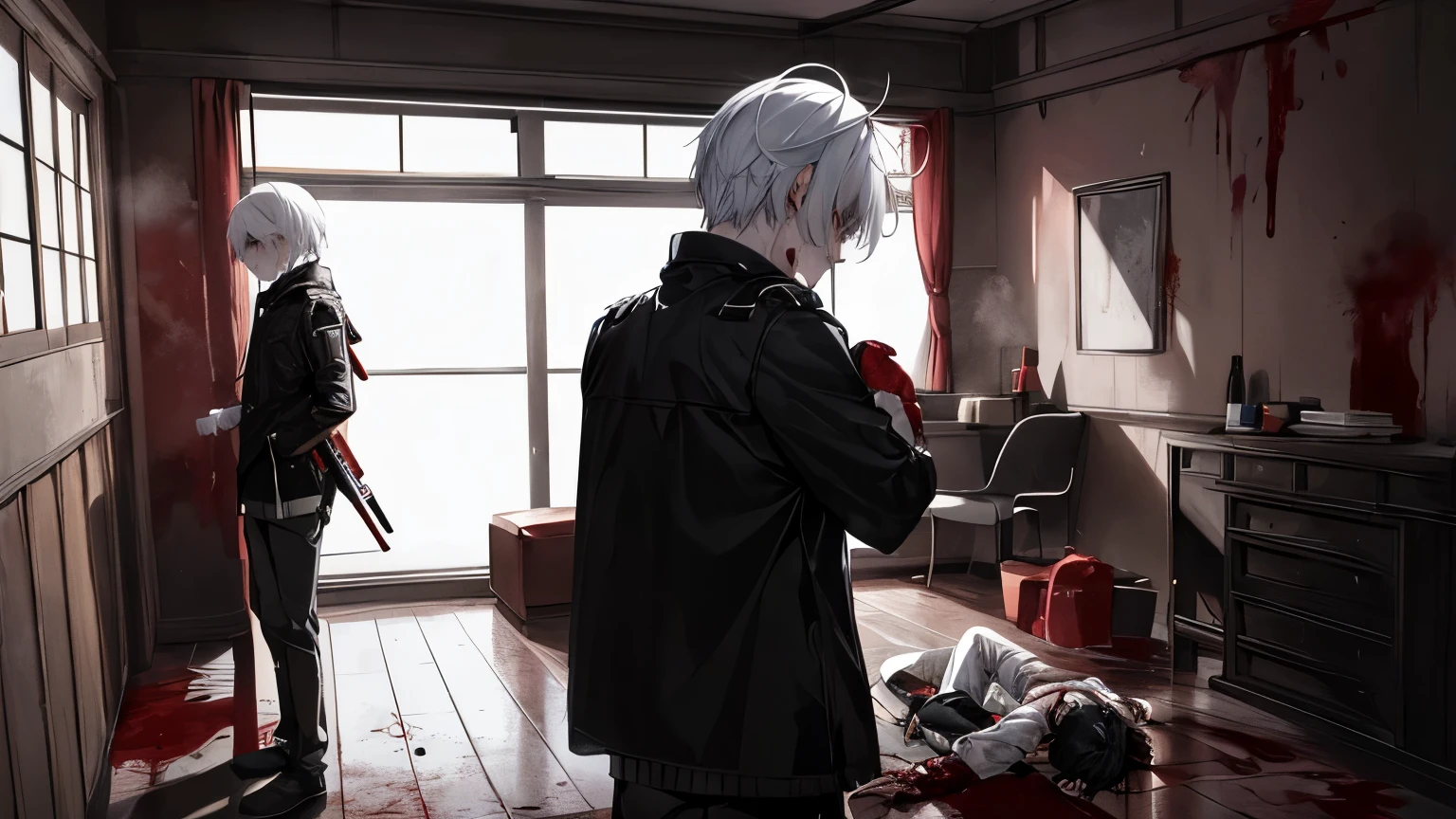 Two young ager in a room shooting at each other, white hair and black hair , staring coldly, blood, bleeding, gore
