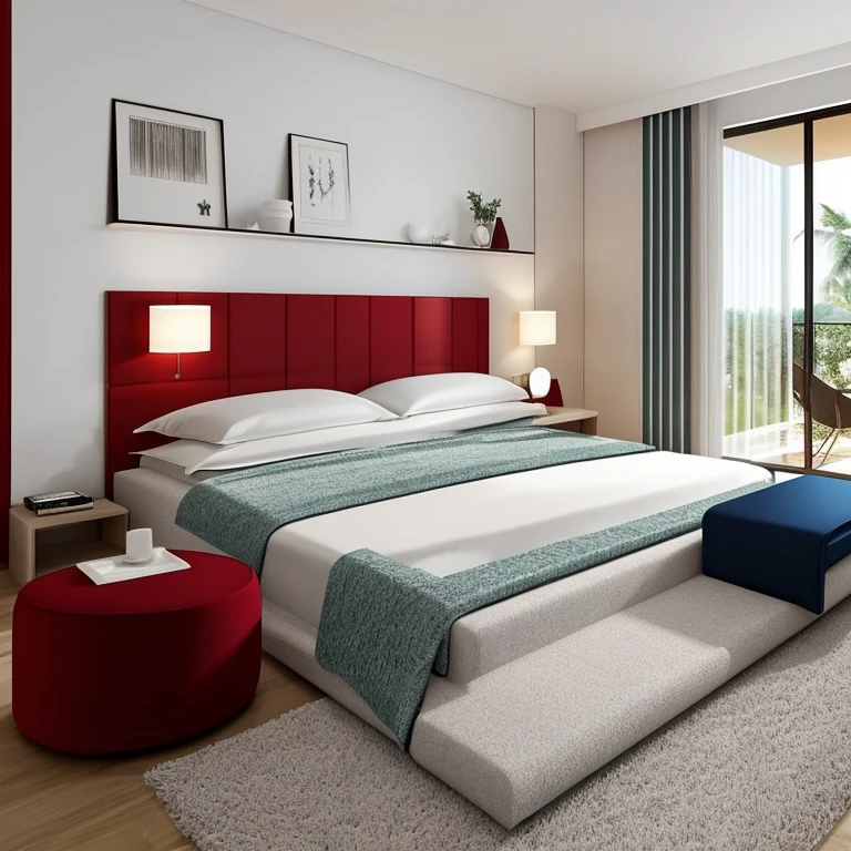 red white color Modern bedroom with luxurious lighting around the room, plantas em estilo de selva urbana decoram o quarto, luxurious and modern furniture, mesa de centro com artesanato, forro de gesso, paredes brancas, grande janelas de vidro, cortinas semi abertas, television, Quadros modernos, vasos com galhos secos decoram os cantos da sala. Elegante e luxuoso tapete