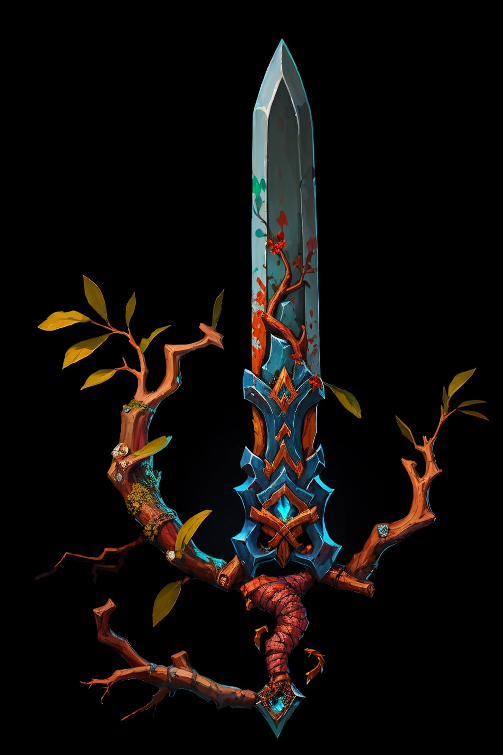 Game Art of battle sword in Painting Comix art style, best quality, Trending on Artstation, masterpiece, nature with branches