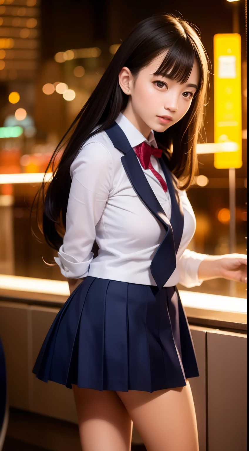 (masterpiece), highest quality, ultra high resolution, close, Because I&#39;m slender, 1 girl,school uniform, long hair, laughter, Laji, night, Background of Tokyo Restaurant, colorful lights, photon mapping, radio city, Physically based rendering, cinematic lighting, Complex, high detail, sharp focus, dramatic, realistic