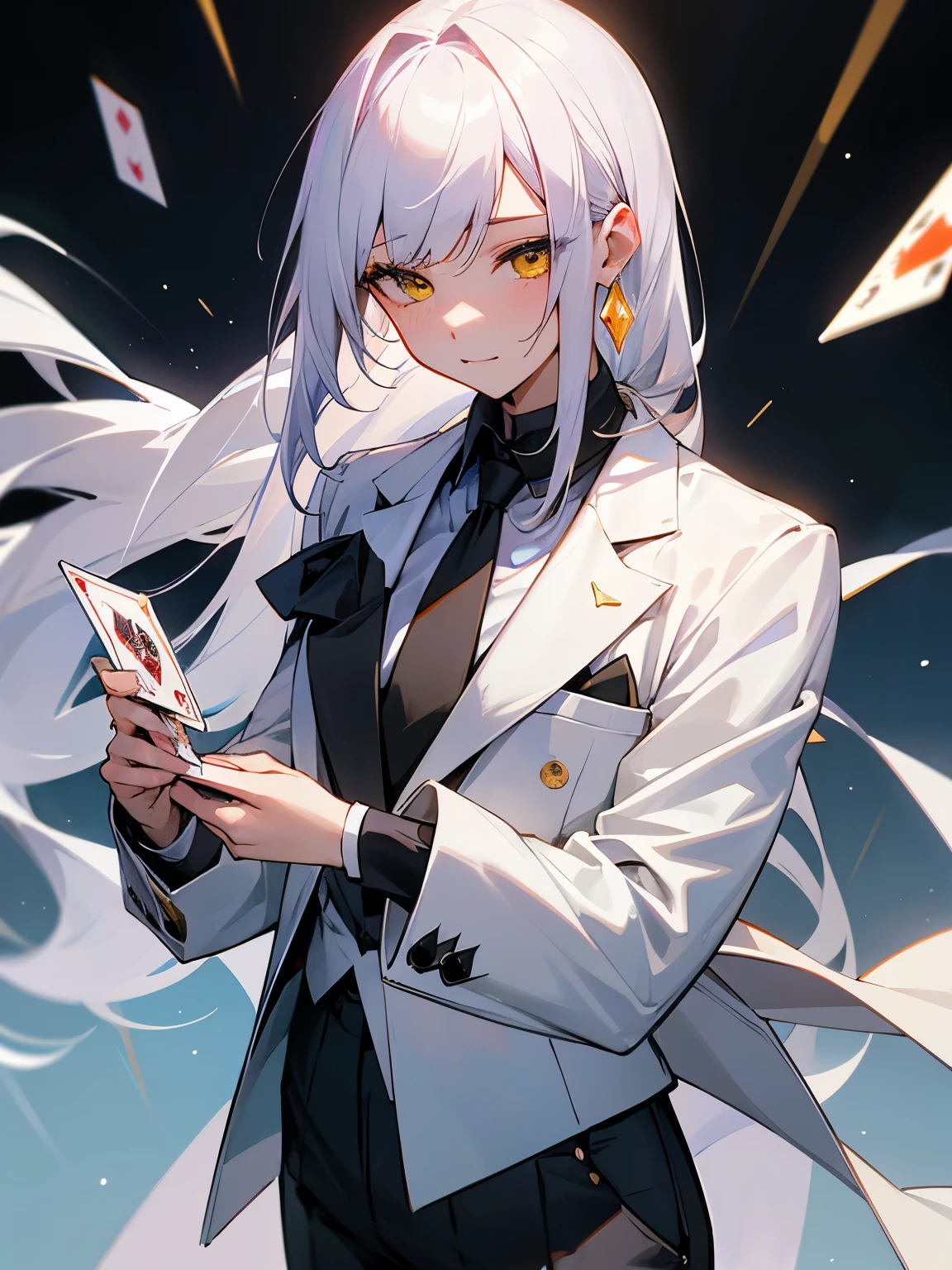 girl、1 person、light purple on the left、white on the rightの髪、The parting at the top of the hair is jagged、straight long hair、casino、playing cardsを使う、Rugged face、white skin、two color hair、subtle smile、be bothered、thin eyebrows、white hair、1 person、The background is a white castle、casino、The parting of the tsumugi is jagged.、Light purple on the left、white on the right、hime cut、white tieに白くて大きなタキシードコート、golden tip、Black suit pants、1 person、girl、adult、white hair、large golden earrings with inverted triangles、casinoをしている、1 person、girl、机の上にcasino、Rugged face、playing cards、yellow eyes、Thin black turtleneck for underwear、white tie、white shirt、large white suit coat、Parting bangs、Patsunlong、Part your bangs to the right and left