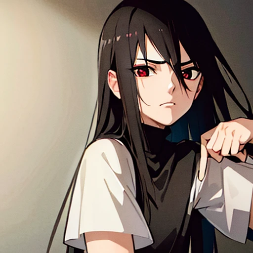 masterpiece, best quality, super detailed, illustration,man with dark hair and eyes,eyes empty,Long hair and waist,straight hair,small,black eyes,Feminine,black eyes,looks sad,like Uchiha Mikoto