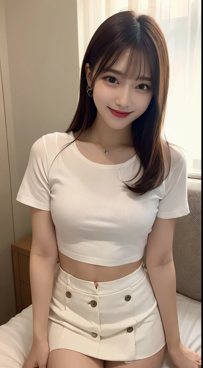 White tight shirt、White tight mini skirt、bed、smile、short sleeve、high resolution、Hallyu Idol Face、stick out one's chest