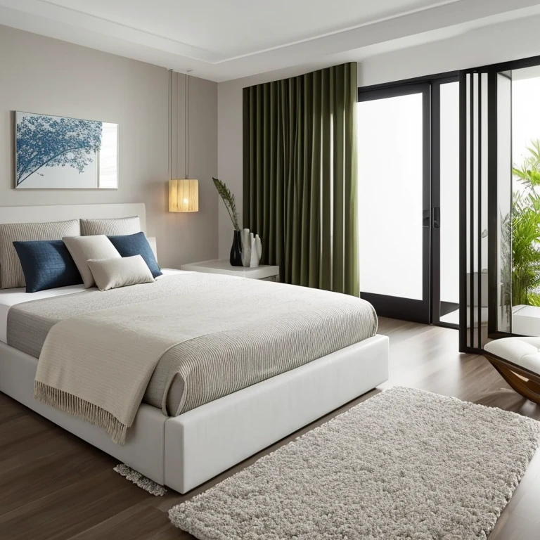 diverse color Modern bedroom with luxurious lighting around the room, plantas em estilo de selva urbana decoram o quarto, luxurious and modern furniture, mesa de centro com artesanato, forro de gesso, paredes brancas, grande janelas de vidro, cortinas semi abertas, television, Quadros modernos, vasos com galhos secos decoram os cantos da sala. Elegante e luxuoso tapete