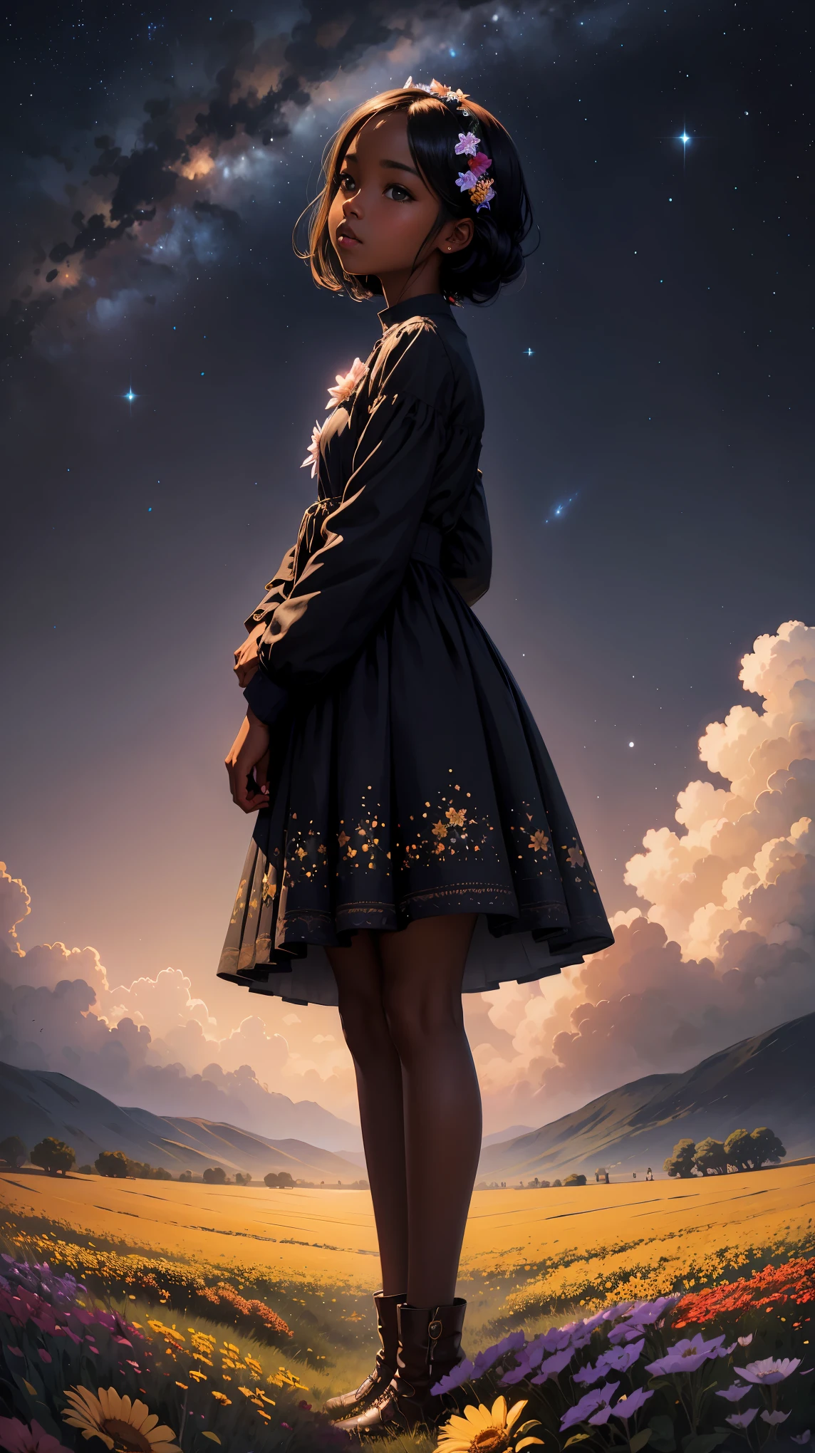 (masterpiece, best quality)There is a black girl ((dark skin)) detailed face, standing in a flower field looking up at the sky, a girl standing in a flower field, a girl walking in a flower field, hold a stuffed brown bear toy in one hand, lost in a dreamy wonderland, standing in a flower field, fantastic digital painting, the sky gradually clears, the starry sky gradually recedes by Laura Diehl Yaoyao Ma Van As