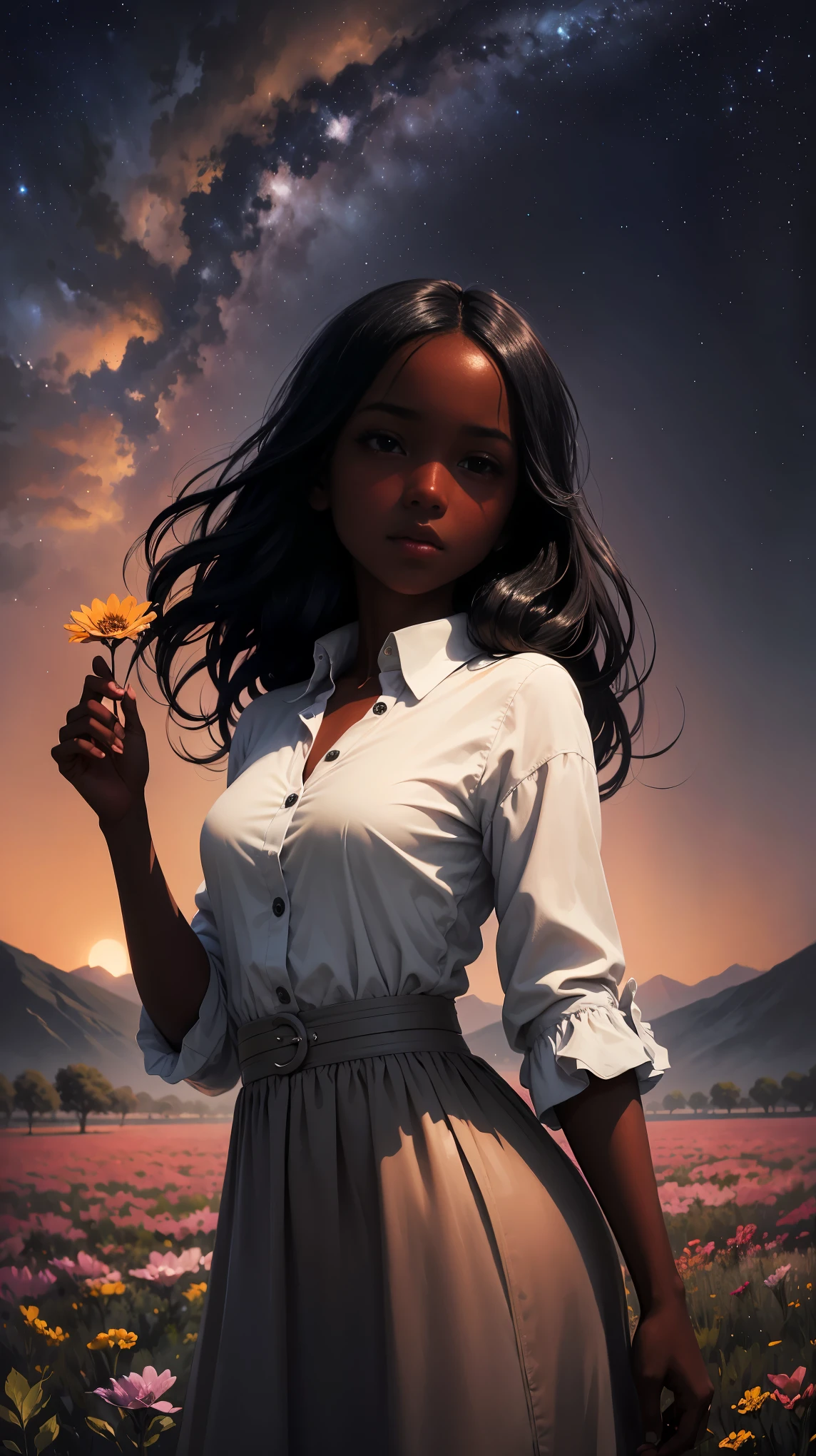 an awarded photo of a 1girl black skin Adut Akech 4d0t4k3ch afro black long hair, flower in the hair , folclor outfit ,slavic dress, (small reasts:1.3), natural skin, in perfect willage landscape in the moon in future, artificial atmosphere, glass sphere,flowers, wheat on plains, wooden hauses, cows, and small river, detailed skin, detailed face, ultradetailed, ultrasahrp, masterpiece, perfect quality, fullbody, natural lights, natural shadows, realistic shadows, ambient oclusion, boekh, realsitic, ultrarealsitic, photorealsitic, landscape with hight detailed character <lora:add_detail:1> <lora:hipoly_3dcg_v7-epoch:0.5 360> photorealsitic <lora:LunarPunkAI:1>