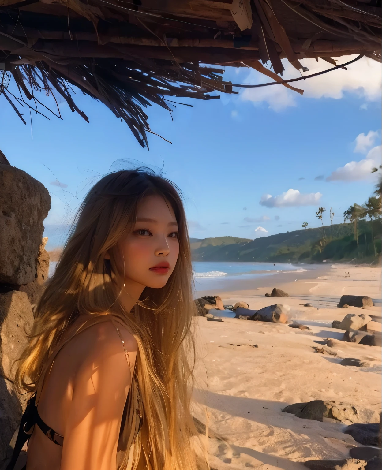 a woman with long blonde hair standing on a beach near the ocean, curly blonde hair | d & d, long curly light blond hair, curls on top, half updo hairstyle, katelynn mini cute style, long curly blonde hair, wavy hair spread out, wavy hairstyle, curls, wavy, wavy hair yellow theme, long fluffy curly blond hair, curly blond