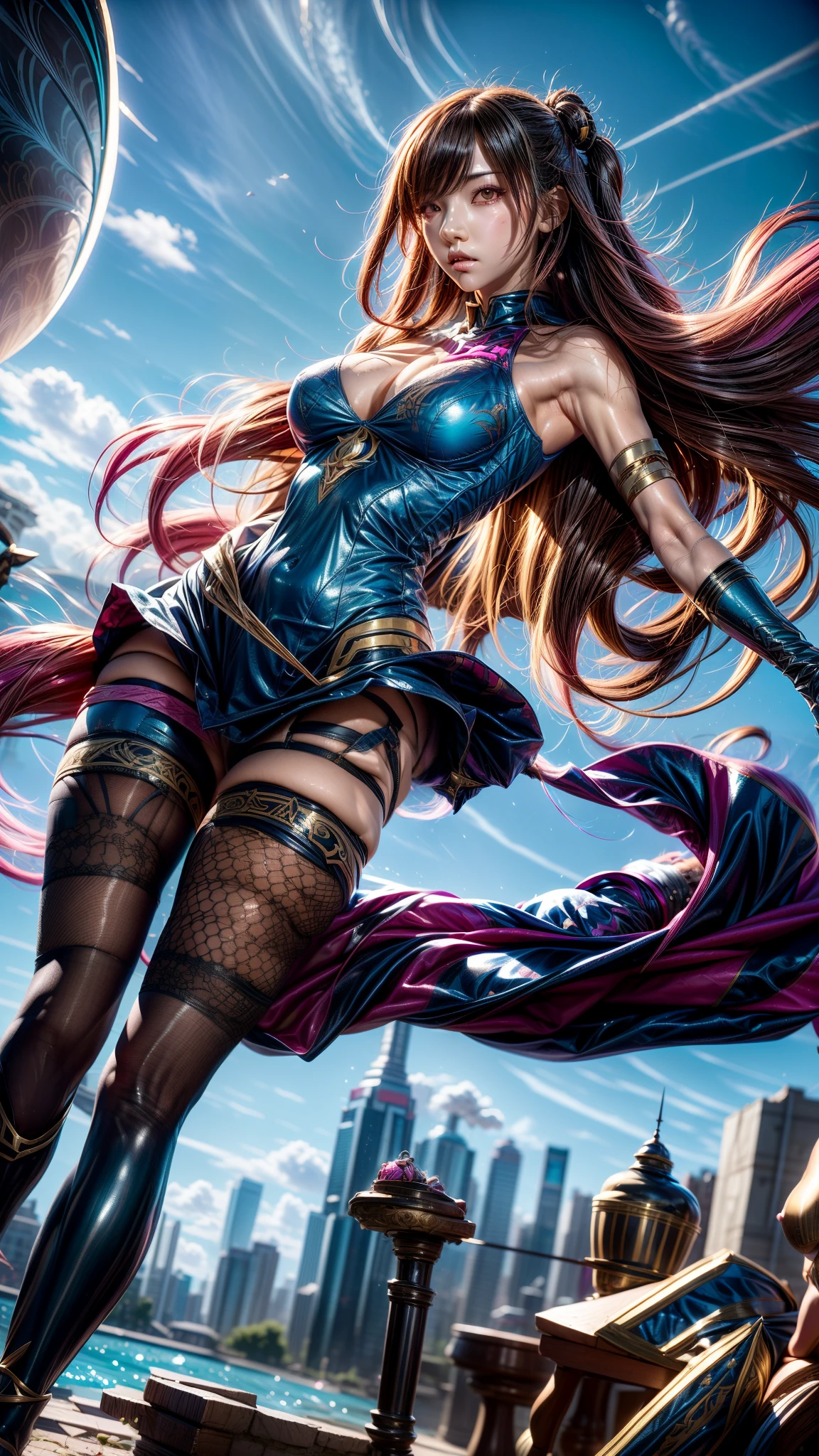 anime girl with long pink hair flying through the air, irelia, irelia from league of legends, kda, crystalline skin, extremely detailed artgerm, style artgerm, league of legends style art, league of legends art style, official splash art, seraphine ahri kda, ig model | artgerm, arcane jinx