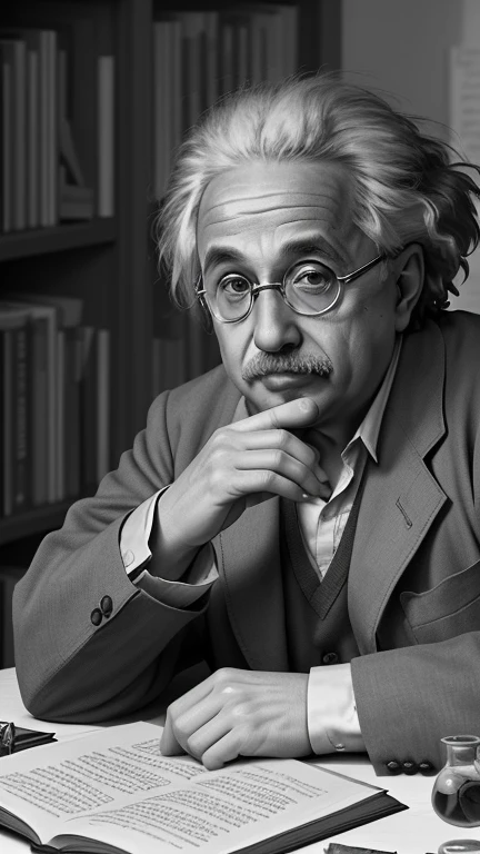 **Title: Einstein's Dual Essence: Scientist and Philosopher**
**Recommended aspect ratio: 16:9**
**Quality tags:** masterpiece, introspective:1.3, high resolution, thoughtful
**Character/subject tags:** Albert Einstein, (scientific and philosophical introspection:1.2), (contemplative expression:1.1), embodying the duality of a scientist and philosopher
**Medium tags:** digital art, illustration, introspective portrayal, rich and detailed
**Background environment tags:** Einstein's study, (books on science and philosophy:1.2), (soft ambient lighting:1.1), atmosphere of intellectual contemplation
**Color tags:** warm browns, muted tones, subtle warm hues
**Atmospheric tags:** introspective, contemplative, dual essence, intellectual harmony
**Emotion tags:** self-awareness, philosophical inquiry, intellectual balance
**Composition tags:** mid-shot, focus on Albert Einstein, detailed portrayal of the study, conveying a sense of introspective intellectual harmony between science and philosophy