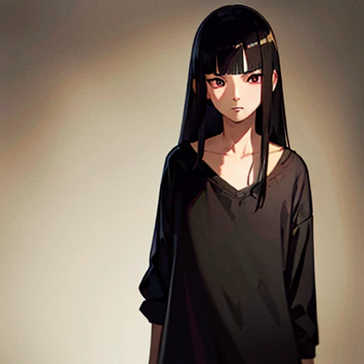 masterpiece, best quality, super detailed, illustration,man with dark hair and eyes,eyes empty,Long hair and waist,straight hair,small,black eyes,Feminine,black eyes,like Uchiha Mikoto,petite,side fringe