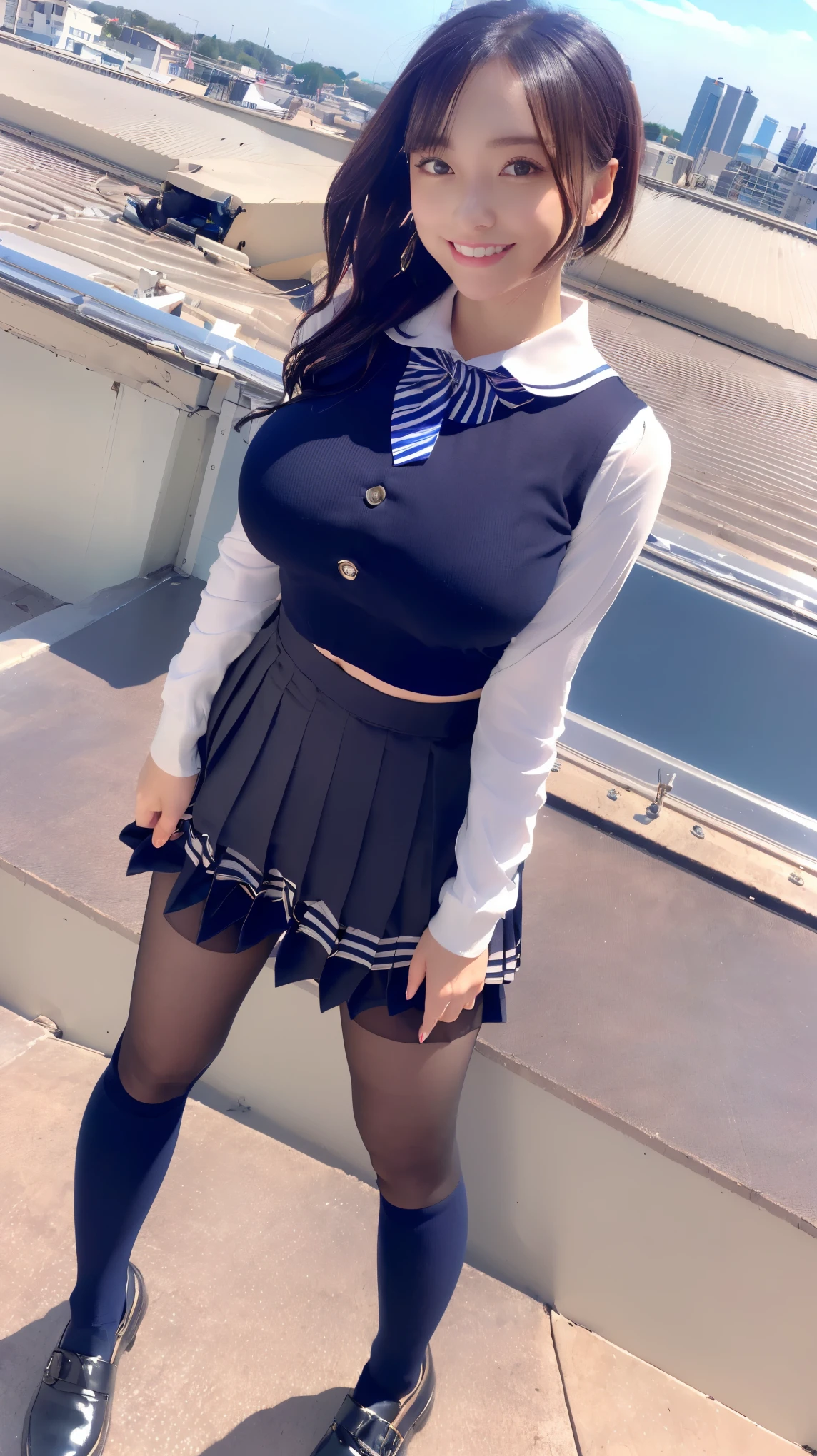 (8K、ultra high resolution、highest quality、masterpiece、realistic、ultra high resolution)、(big breasts、high school girl uniform、Navy Pleated Mini Skirt、Be sure to lift the skirt:1.2)(school rooftop、black straight hair:1.15)japanese woman、cute smile、Must wear black pantyhose、black loafers