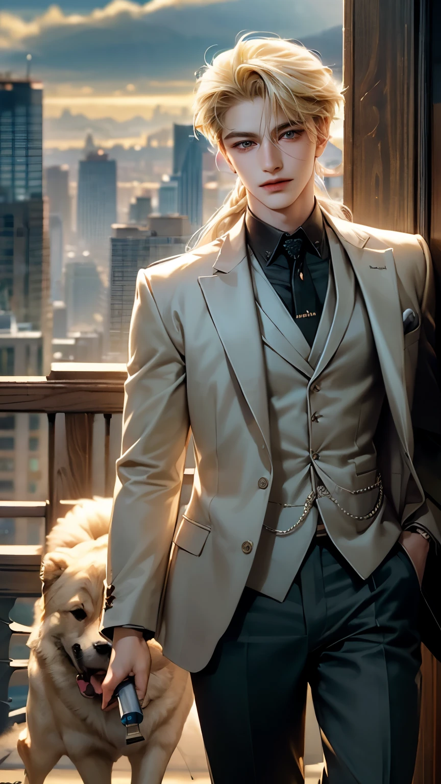 ((best quality)), ((masterpiece)), (detailed), blond hair, Flowing hair, Boys1, 18 years old, Smiley, Handsome, gun을 메고 있는, tall, hunter, city, gun, dog, Walking, (background:girls:1.1), 