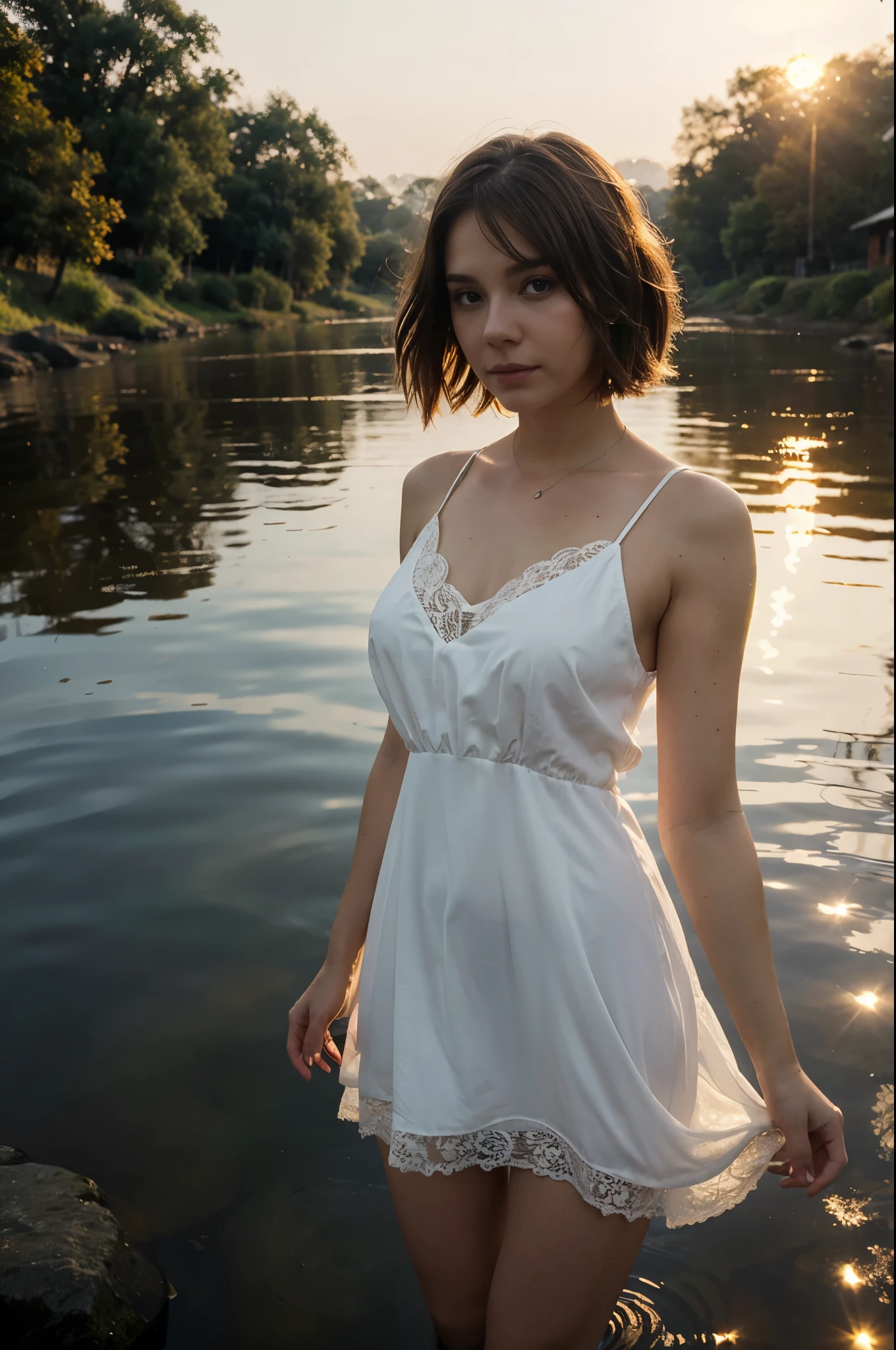 A white-skinned woman in a light lace dress with short brown hair floats along a quiet river at a foggy sunny sunset, reflection