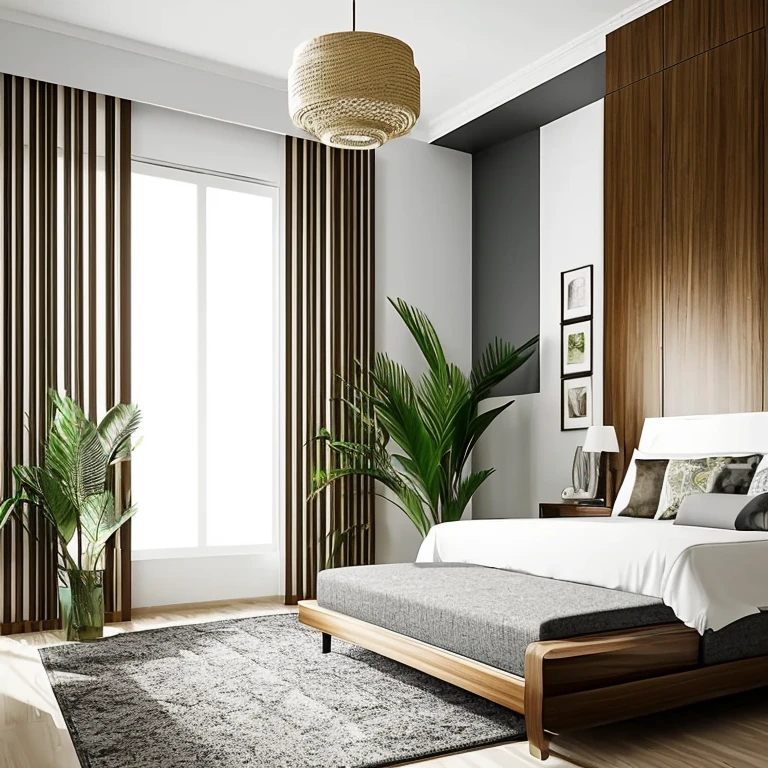 Modern Dorm : oo with luxurious lighting around the room plants in the urban jungle style decorate the space, luxurious and modern furniture, mesa de centro com artesanato, forro de gesso, paredes brancas, grande janelas de vidro, cortinas semi abertas, Tv, Quadros modernos, vases with dry branches are decorating the corners of the room. Elegante
e luxuoso tapete,