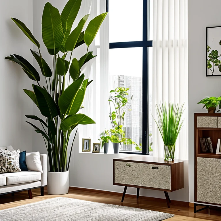 Modern Dorm : oo with luxurious lighting around the room plants in the urban jungle style decorate the space, luxurious and modern furniture, mesa de centro com artesanato, forro de gesso, paredes brancas, grande janelas de vidro, cortinas semi abertas, Tv, Quadros modernos, vases with dry branches are decorating the corners of the room. Elegante
e luxuoso tapete,