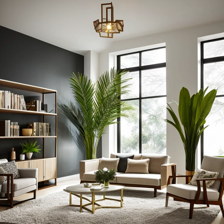 Modern Dorm : oo with luxurious lighting around the room plants in the urban jungle style decorate the space, luxurious and modern furniture, mesa de centro com artesanato, forro de gesso, paredes brancas, grande janelas de vidro, cortinas semi abertas, Tv, Quadros modernos, vases with dry branches are decorating the corners of the room. Elegante
e luxuoso tapete,
