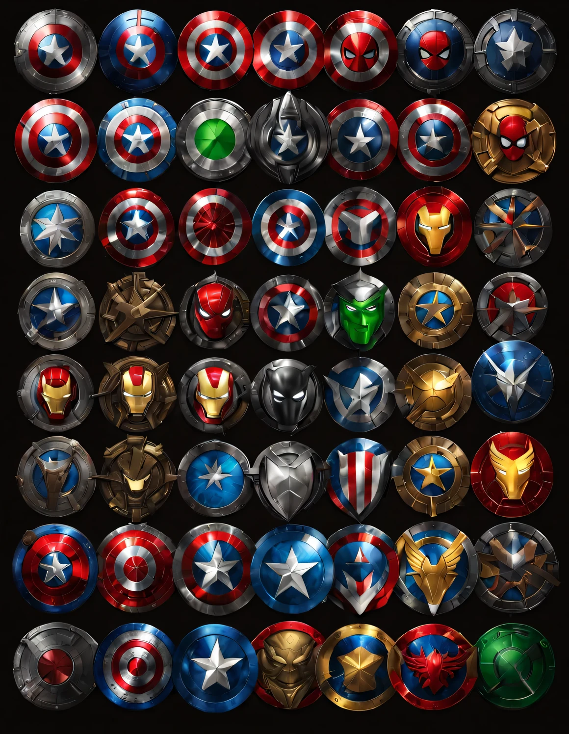 Displayed, What would the shields of all Marvel heroes look like??, many miracle shields, Marvel hero shields, 8 shields in one image, high detail