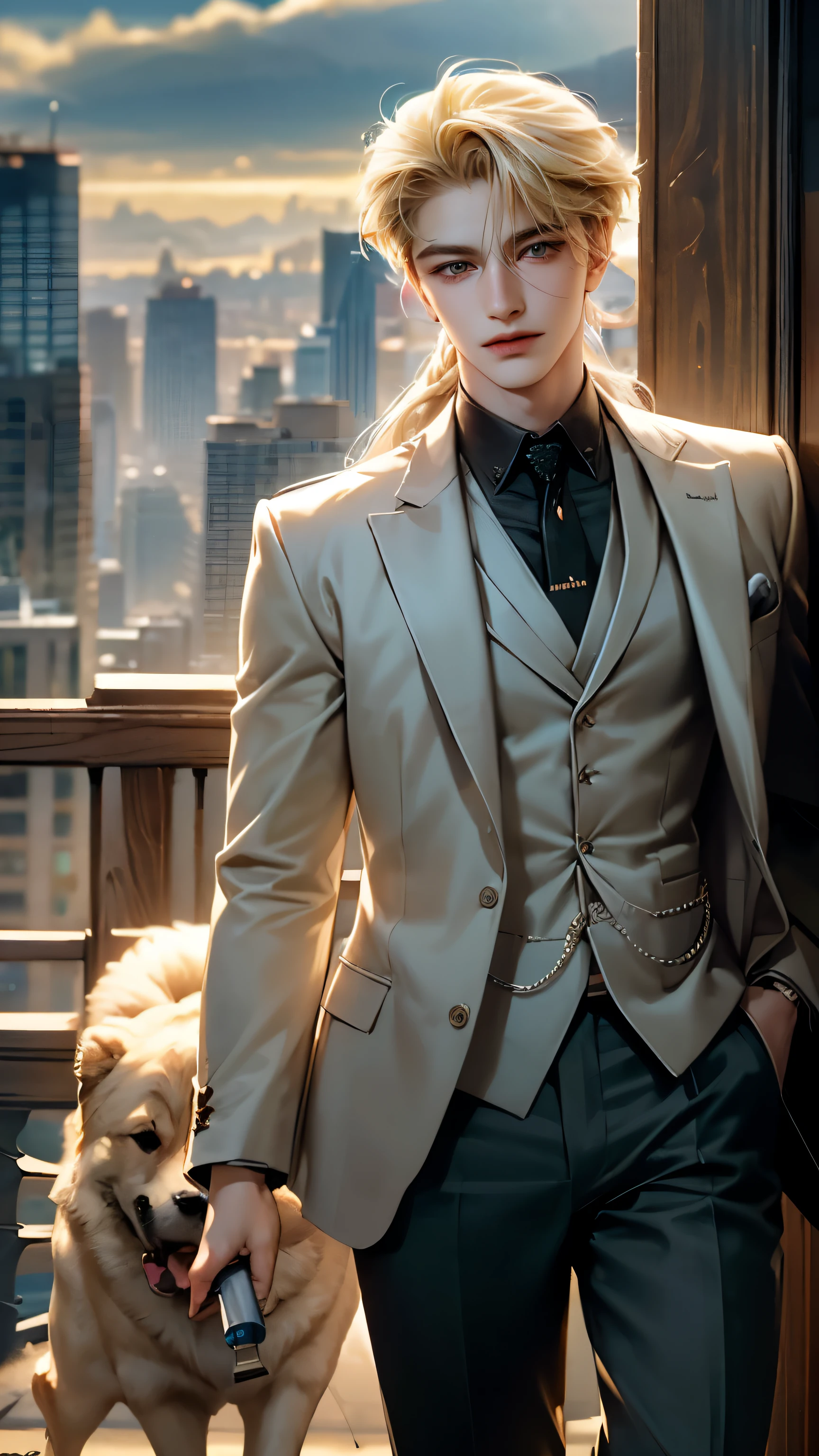 ((best quality)), ((masterpiece)), (detailed), blond hair, flowing hair, Boys1, 18 years old, Smiley, amazing, gun을 메고 있는, tall, hunter, city, gun, dog, walking, (background:girls:1.1),