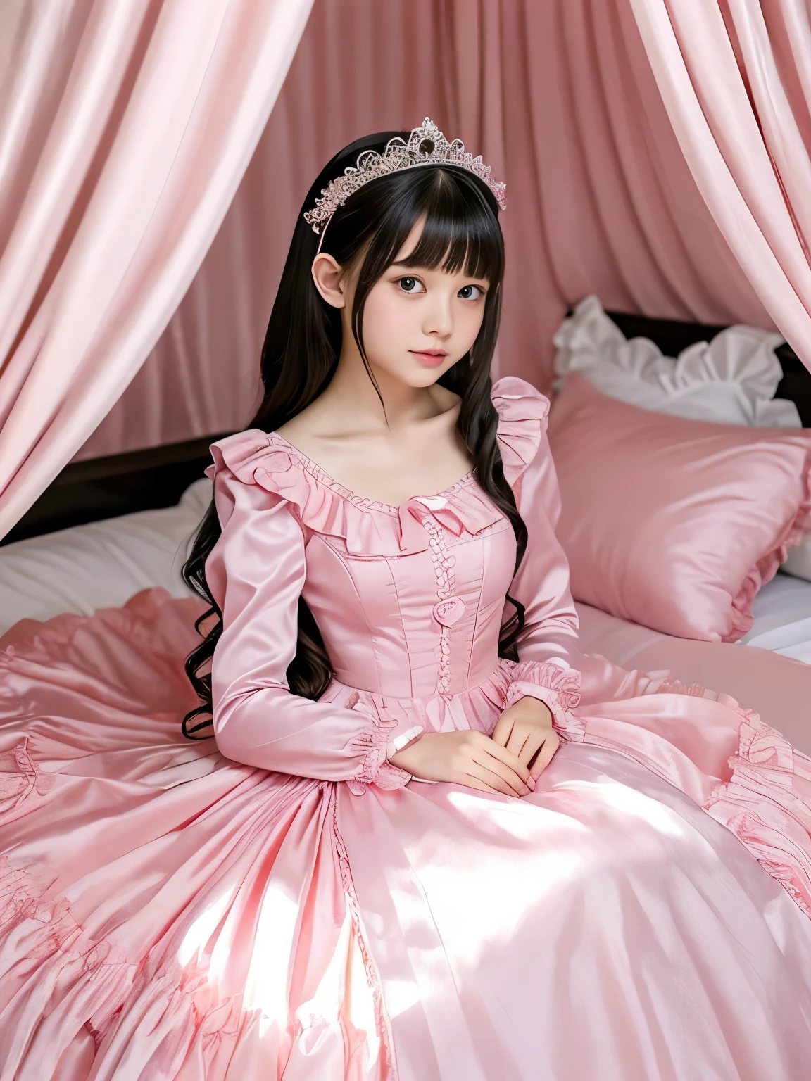 highest quality, masterpiece, highest resolution, artwork, super それにget used to it, many get used to it, get used to it, それにget used to it,(Loli),,the girl is a princess,((girly dark pink satin fabric)), Long hair that reaches to the waist,((A Victorian ballgown dress with plenty of pink ruffles and bows and a voluminous full-length hoop skirt.)),long sleeve,((long dress that covers your legs)),A dress with lots of frills and ribbons..,luxury,((Palace bedroom)),((Huge square victorian canopy king size bed)),(((the girl is lying on the bed))),,(The girl is asleep),(((Sleeping Princess))),lots of frilly pillows,ruffle bed skirt,