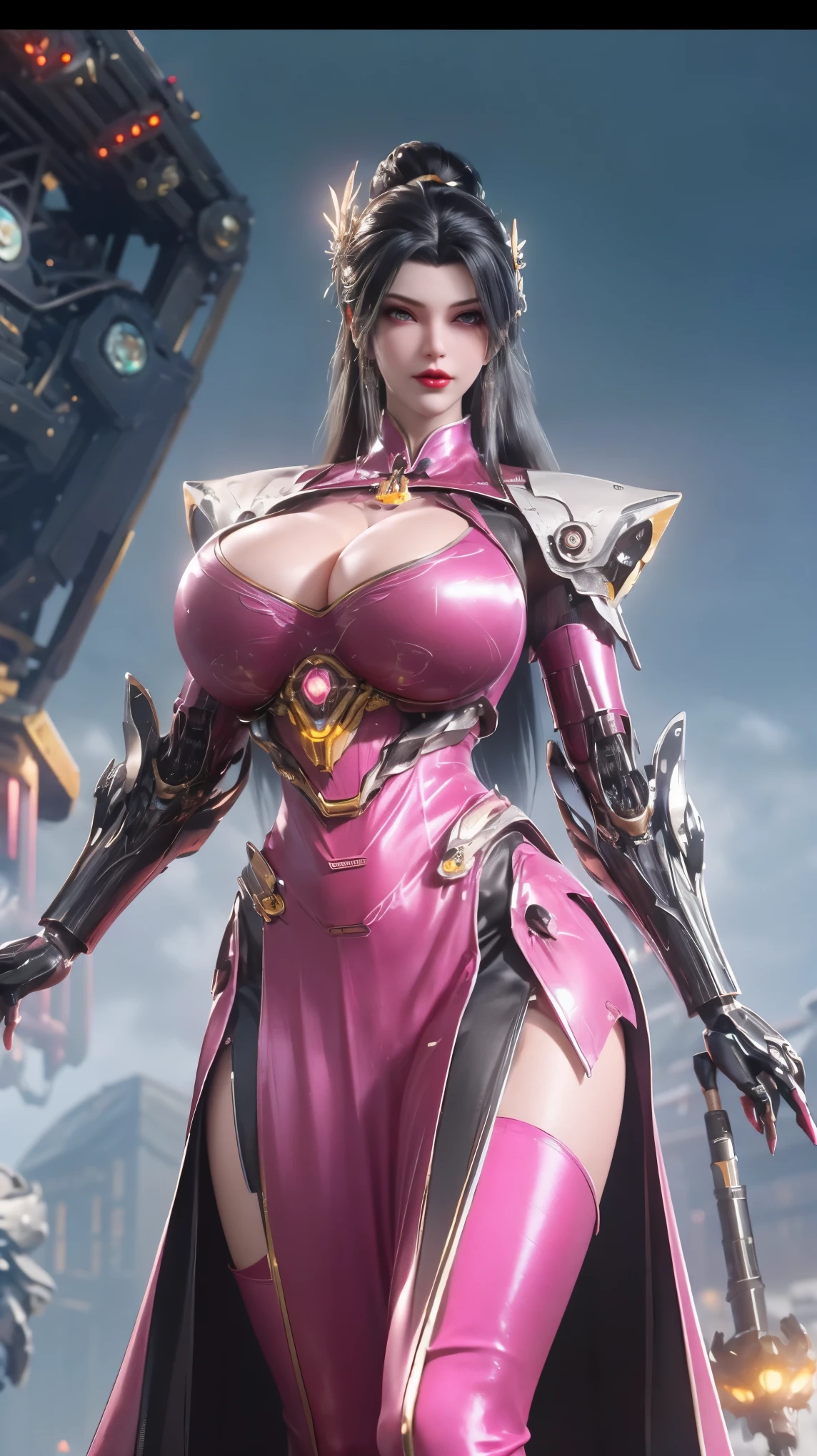 (HYPER-REALISTIC:1.5), AI GIRL GRNERATOR (BEAUTY BLACK HAIR,PHOENIX GOLD HELM:1.1), (SWEATY GIGANTIC FAKE BREAST:1.5), ((CLEAVAGE:1.5)), (MUSCLE ABS:1.3), (MAGENTA SHINY FUTURISTIC MECHA QIPAO DRESS, BLACK MECHA SKINTIGHT LEGGINGS:1.5), (VOLUPTUOUS BODY MATURE WOMAN:1.1), (LOOKING AT VIEWER:1.3), (female focus:0.8), (POSE STANDING,HALLROOM OF FUTURISTIC SPACE STATION:1), (BRIGHT LIGHT WHITE_ROOM:1.3), HYPER TEXTURE, (4X MSAA), ((UNREAL ENGINE 5 RENDER)), PHYSICALLY-BASED RENDERING, ULTRA HIGHT DEFINITION, 16K, 1080P.