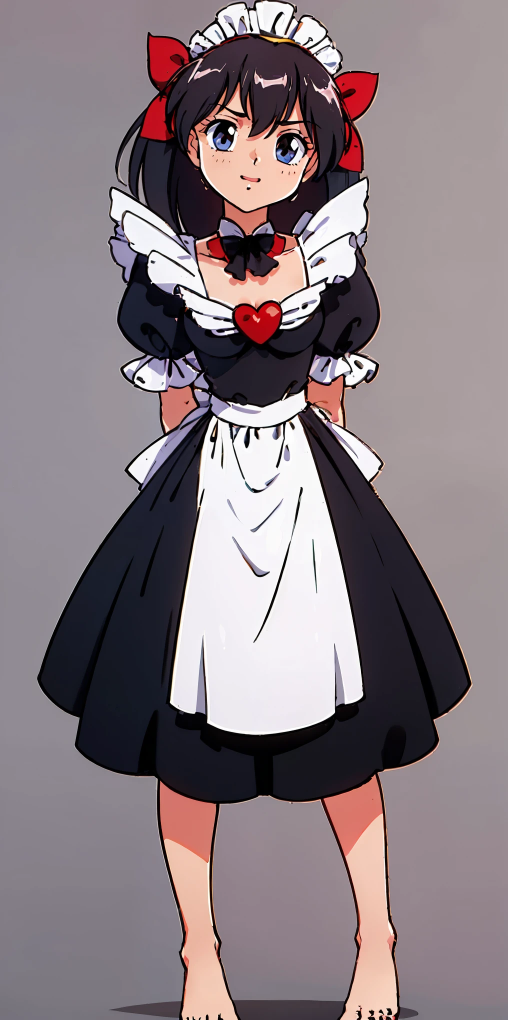 1girl, cute, ((Short black hair girl and long blonde hair girl)), maid victorian, maid apron, straight face, dazed, Body position: Standing, straight, symmetrical, barefoot, Lustful smile on face with red blush,