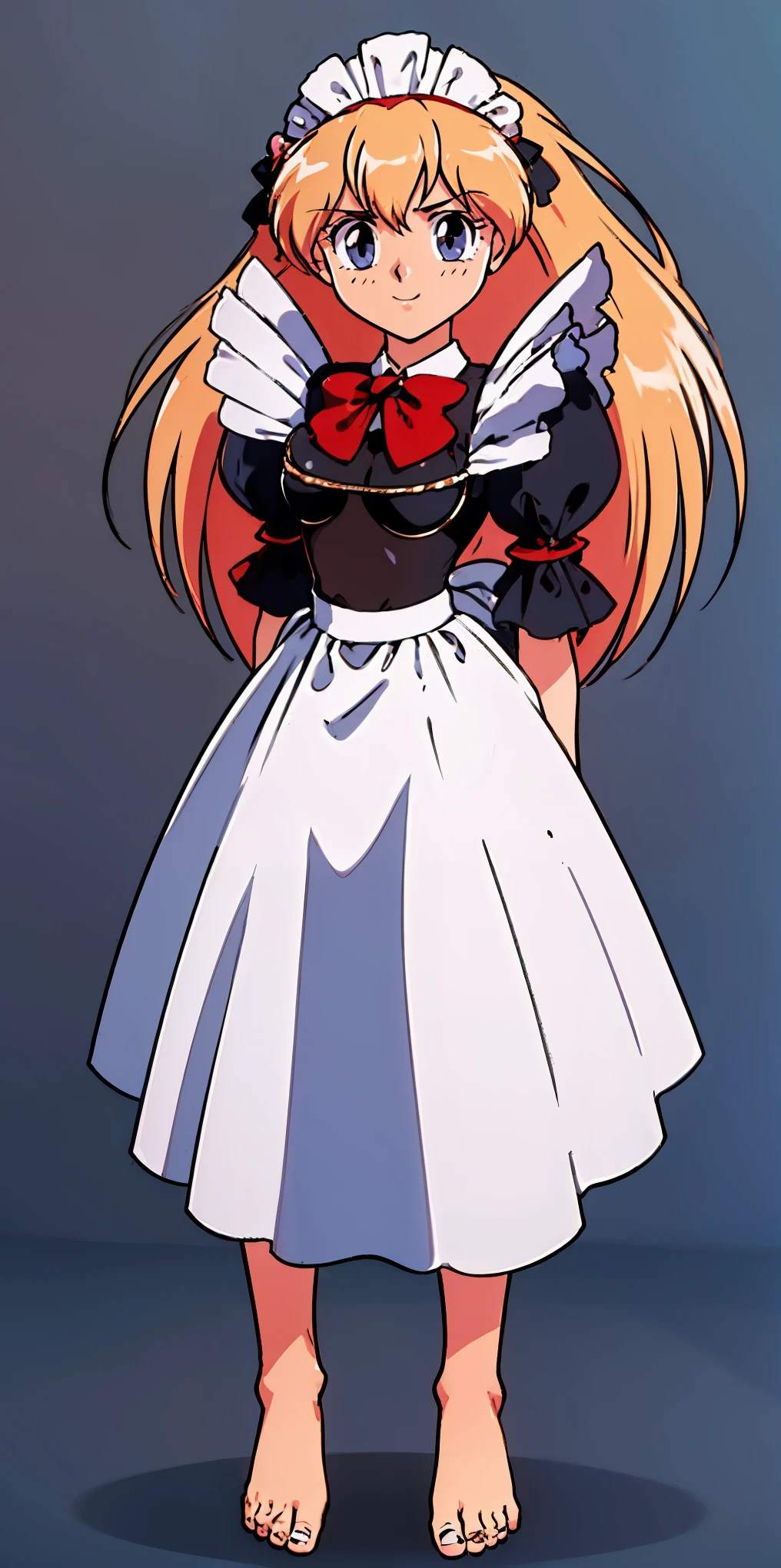 1girl, cute, ((Short black hair girl and long blonde hair girl)), maid victorian, maid apron, straight face, dazed, Body position: Standing, straight, symmetrical, barefoot, Lustful smile on face with red blush,