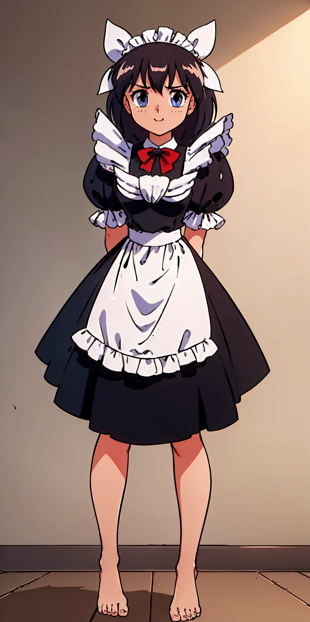 1girl, cute, ((Short black hair girl and long blonde hair girl)), maid victorian, maid apron, straight face, dazed, Body position: Standing, straight, symmetrical, barefoot, Lustful smile on face with red blush,
