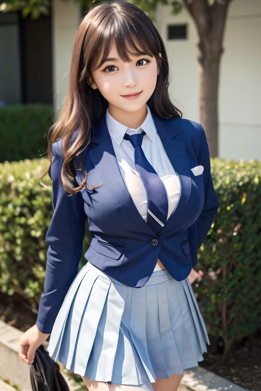 8K, highest quality, real image, intricate details, super detailed, Super high resolution, depth field,(realistic,realistic:1.2), round face、1 girl, Eye_Chan, very beautiful 17 year old girl, innocent big eyes,、beautiful breasts:1.5、highly detailed eyes:1.2)、(beautiful breasts:1.1)、wavy hair、curly hair、bangs、, perfect skin, Fair skin, cleavage, tight waist, huge breasts、light blush, alone、 looking at the viewer, (smile), ((School_uniform),(dark blue blazer), (white shirt、Wearing a tie), (gray pleated skirt), (sculpture installation :1.1)