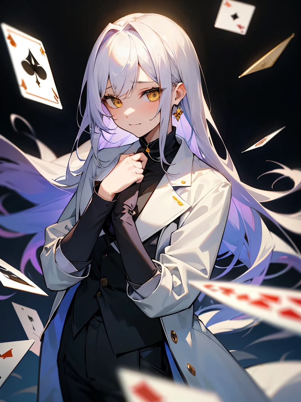 girl、1 person、light purple on the left、white on the rightの髪、The parting at the top of the hair is jagged、straight long hair、casino、playing cardsを使う、Rugged face、white skin、two color hair、subtle smile、be bothered、thin eyebrows、white hair、1 person、The background is a white castle、casino、The parting of the tsumugi is jagged.、Light purple on the left、white on the right、hime cut、white tieに白くて大きなタキシードコート、golden tip、Black suit pants、1 person、girl、adult、white hair、large golden earrings with inverted triangles、casinoをしている、1 person、girl、机の上にcasino、Rugged face、playing cards、yellow eyes、Thin black turtleneck for underwear、white tie、white shirt、large white suit coat、Parting bangs、Patsunlong、Bangs center parting、Straight、sigma、messy hair、Straight cut
