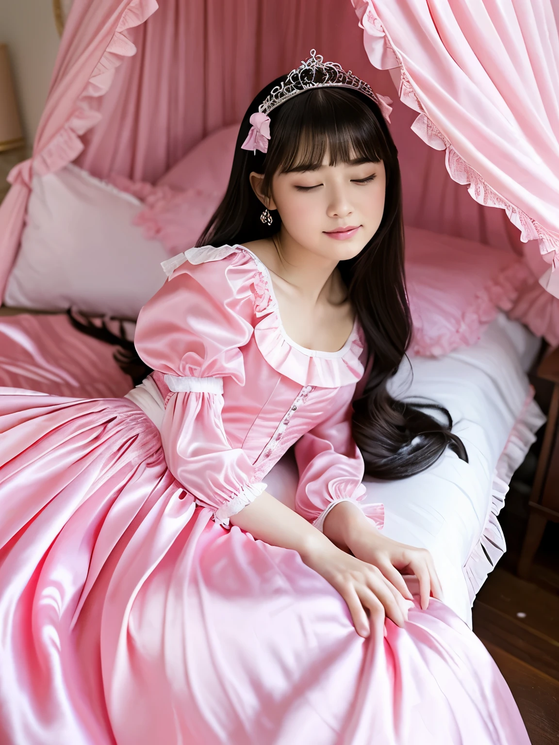 highest quality, masterpiece, highest resolution, artwork, super それにget used to it, many get used to it, get used to it, それにget used to it,(Loli),,the girl is a princess,((girly dark pink satin fabric)), Long hair that reaches to the waist,((A Victorian ballgown dress with plenty of pink ruffles and bows and a voluminous full-length hoop skirt.)),(long sleeve),(ruffled yoke collar),(long dress that covers your legs)),A dress with lots of frills and ribbons..,luxury,((Palace bedroom)),((Huge square victorian canopy king size bed)),(((the girl is lying on the bed))),,(The girl is asleep),(((Sleeping Princess))),lots of frilly pillows,ruffle bed skirt,(The entire bed is reflected),