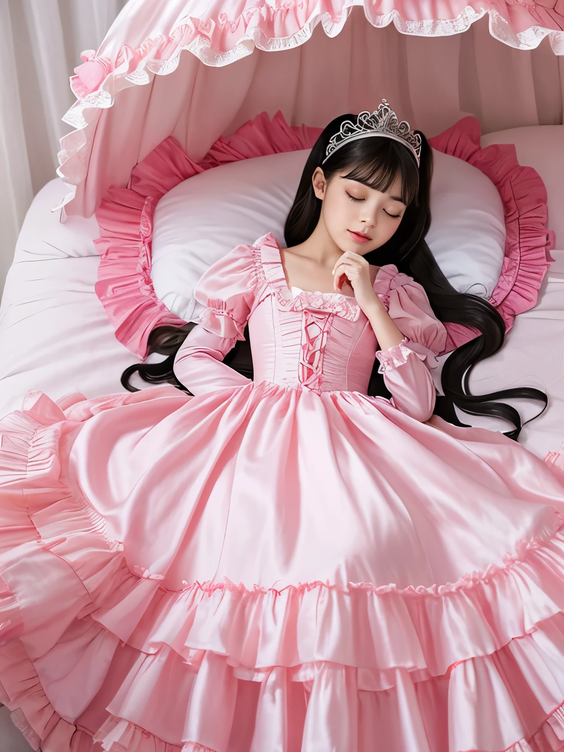 highest quality, masterpiece, highest resolution, artwork, super それにget used to it, many get used to it, get used to it, それにget used to it,(Loli),Child Girl, 10 years old,the girl is a princess,((girly dark pink satin fabric)), Long hair that reaches to the waist,((A Victorian ballgown dress with plenty of pink ruffles and bows and a voluminous full-length hoop skirt.)),(long sleeve),(ruffled yoke collar),(long dress that covers your legs)),A dress with lots of frills and ribbons..,luxury,((Palace bedroom)),((Huge square victorian canopy king size bed)),(((the girl is lying on the bed))),,(The girl is asleep),(((Sleeping Princess))),lots of frilly pillows,ruffle bed skirt,(The entire bed is reflected),